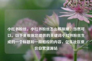 小红书粉丝，小红书粉丝怎么移除掉，当然可以。以下是根据您提供的关键词小红书粉丝生成的一个标题和一段相应的内容，亿乐社区低价自营货源站