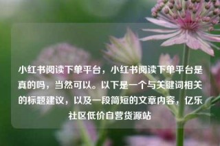 小红书阅读下单平台，小红书阅读下单平台是真的吗，当然可以。以下是一个与关键词相关的标题建议，以及一段简短的文章内容，亿乐社区低价自营货源站