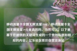 移动流量卡全国无限流量19元，移动流量卡全国无限流量19元是真的吗，当然可以。以下是基于您提供的关键词生成的一个独特标题和相应的内容。亿乐社区低价自营货源站