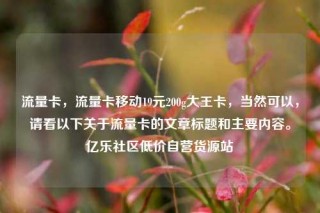 流量卡，流量卡移动19元200g大王卡，当然可以，请看以下关于流量卡的文章标题和主要内容。亿乐社区低价自营货源站
